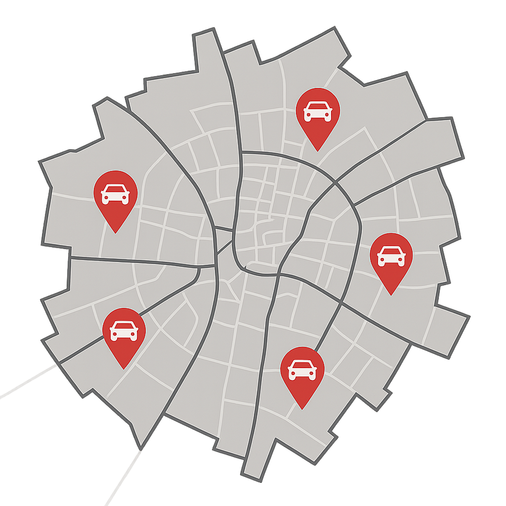 Stadtkarte von Ahaus mit Markierungen für alle Stadtteile zum Auto Verkaufen einschließlich Vierteln wie Wessum und Wüllen