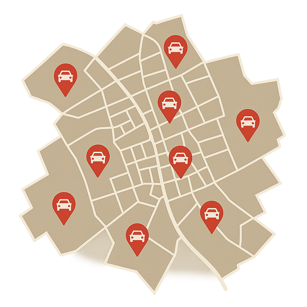 Stadtkarte von Alsdorf mit Markierungen für Standorte zum Auto Verkaufen in der Region Aachen Eschweiler Herzogenrath Würselen Baesweiler und Übach Palenberg