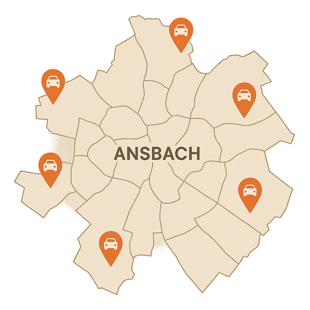 Regionale Stadtkarte von Ansbach mit markierten Standorten für den Autoankauf in verschiedenen Stadtteilen