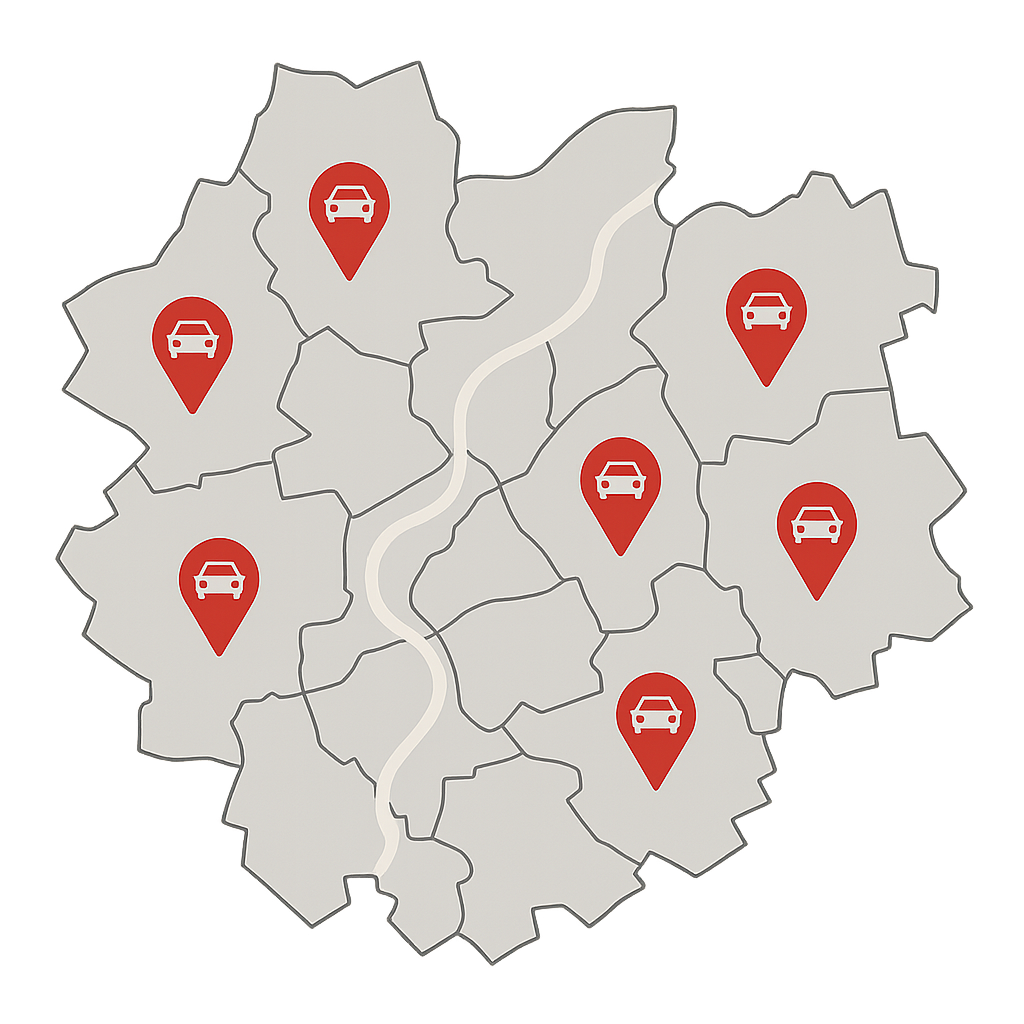 Stadtkarte von Arnsberg mit Markierungen für regionalen Fahrzeugverkauf und flächendeckenden Auto Service