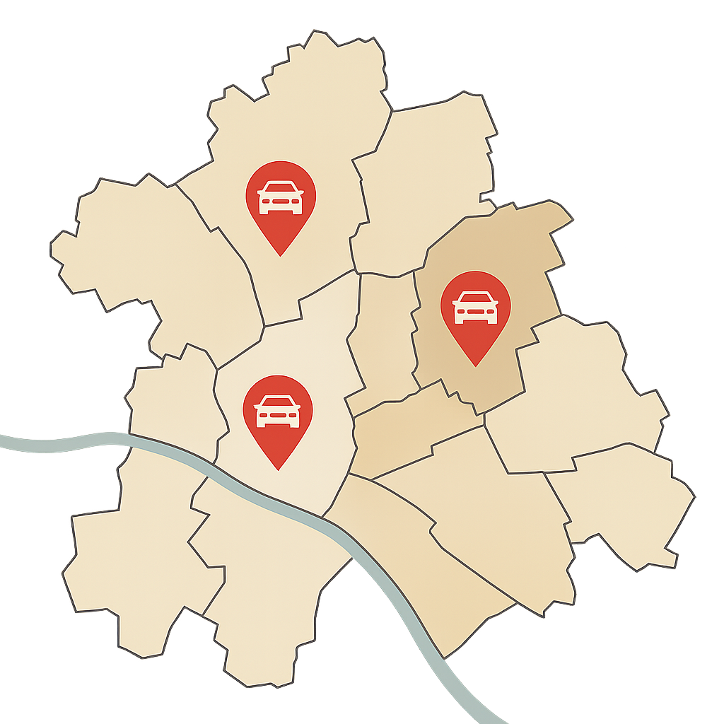Stadtkarte von Aschaffenburg mit Markierungen für PKW-Ankauf rund um Hanauer Straße und Würzburger Straße zum Auto Verkaufen