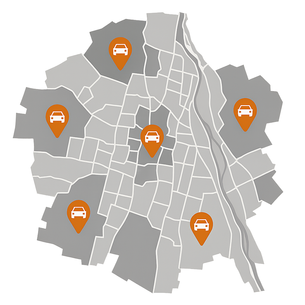 Stadtkarte von Augsburg mit Markierungen für Autos in Bereichen wie Maximilianstraße und Donauwörther Straße zum Auto Verkaufen