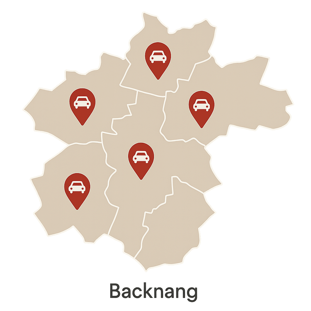 Digitale Stadtkarte für Auto Verkaufen in Backnang mit Markierungen entlang der B14 und im gesamten Stadtgebiet
