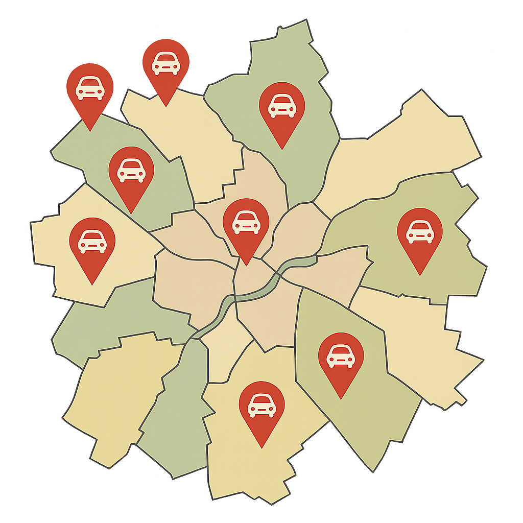 Stadtkarte von Bad Kreuznach mit markierten Stadtteilen wie Bosenheim und Planig zur Orientierung für Autofahrer die ihr Fahrzeug online in Bad Kreuznach verkaufen möchten