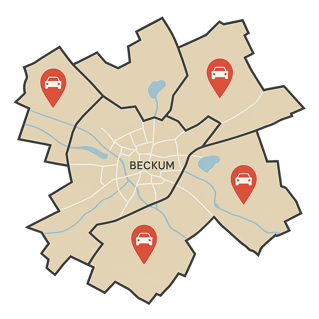 Stadtkarte von Beckum mit markierten Standorten zum Auto Verkaufen in verschiedenen Straßenbereichen wie der Hauptstraße