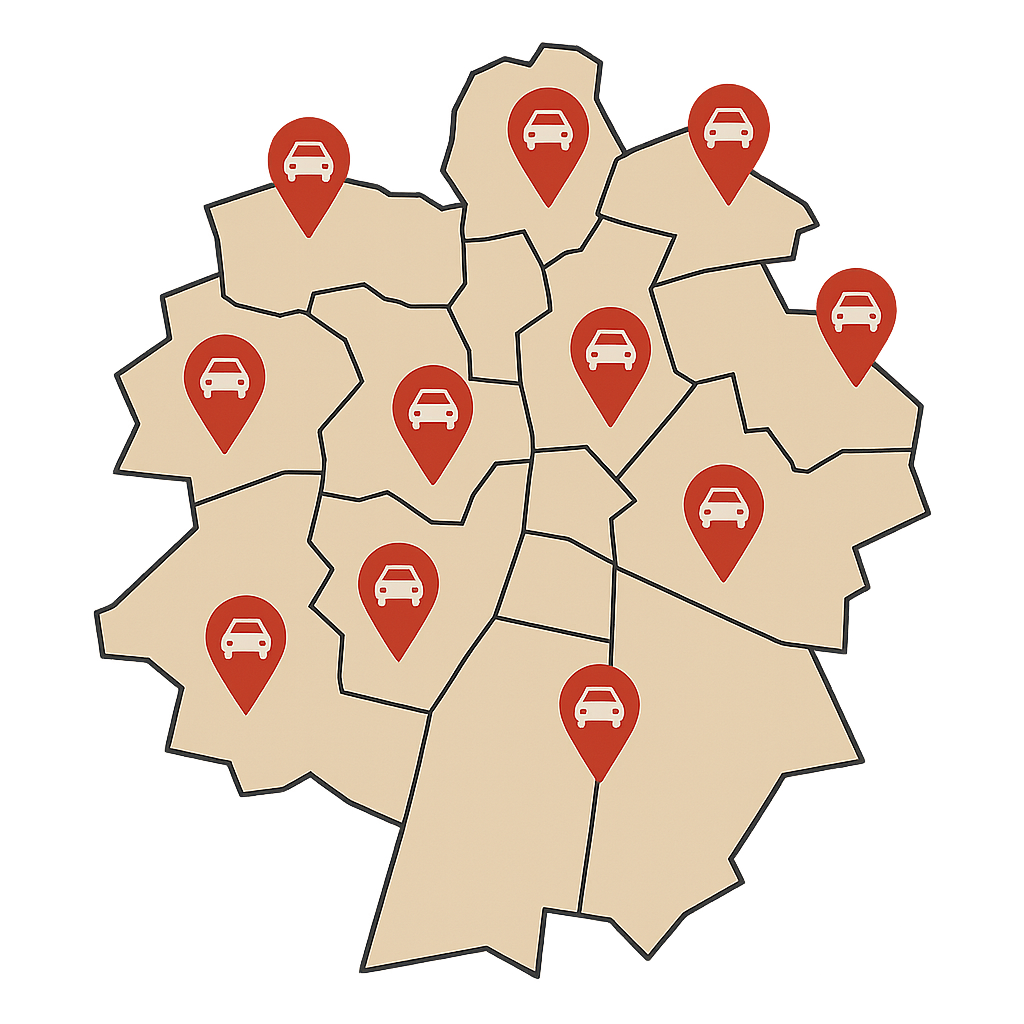 Stadtkarte von Bensheim mit markierten Standorten für Fahrzeug Verkaufen in Bensheim Heppenheim Zwingenberg und Lorsch