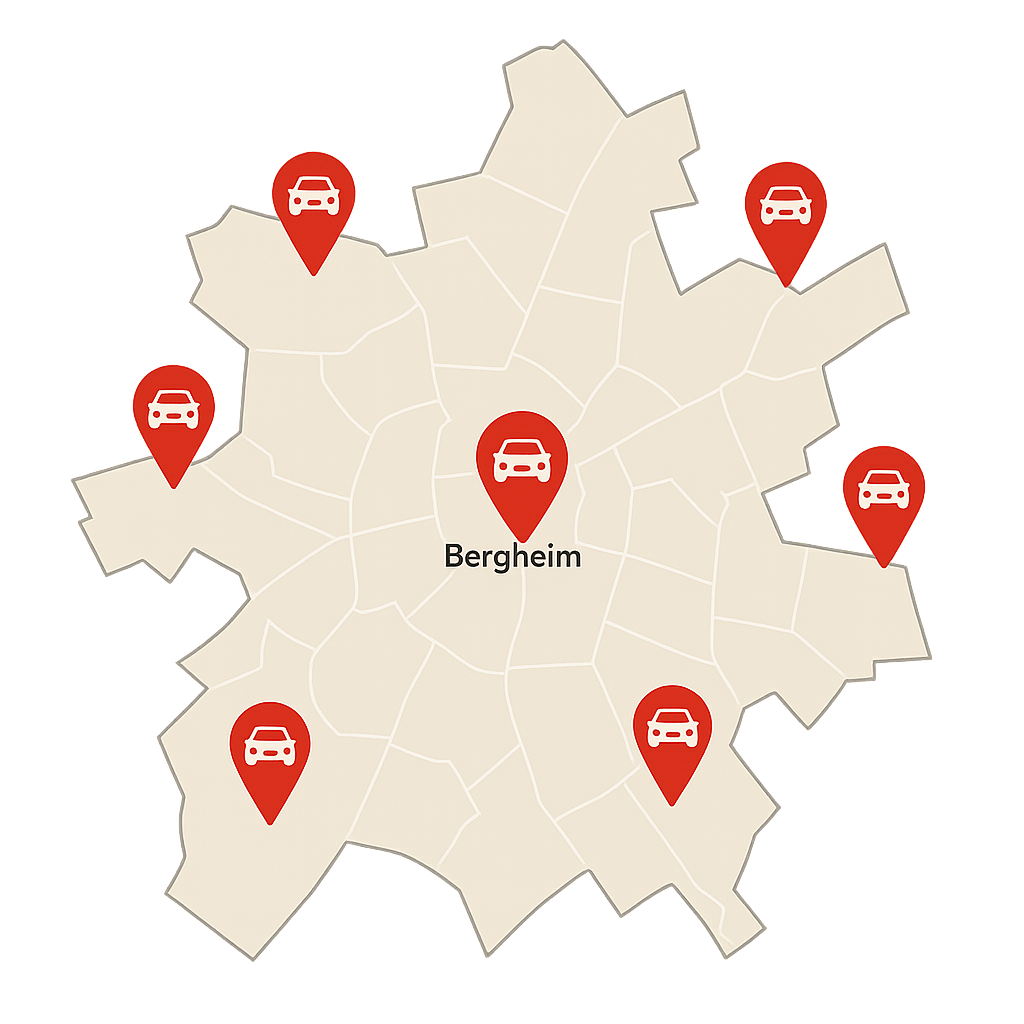 Stadtkarte von Bergheim mit markierten Standorten für den stadtweiten Auto Verkauf über einen digitalen Ankaufsservice