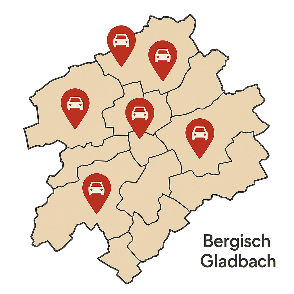 Stadtkarte von Bergisch Gladbach mit Markierungen für den PKW-Ankauf von Pendlerautos zwischen Köln und Leverkusen