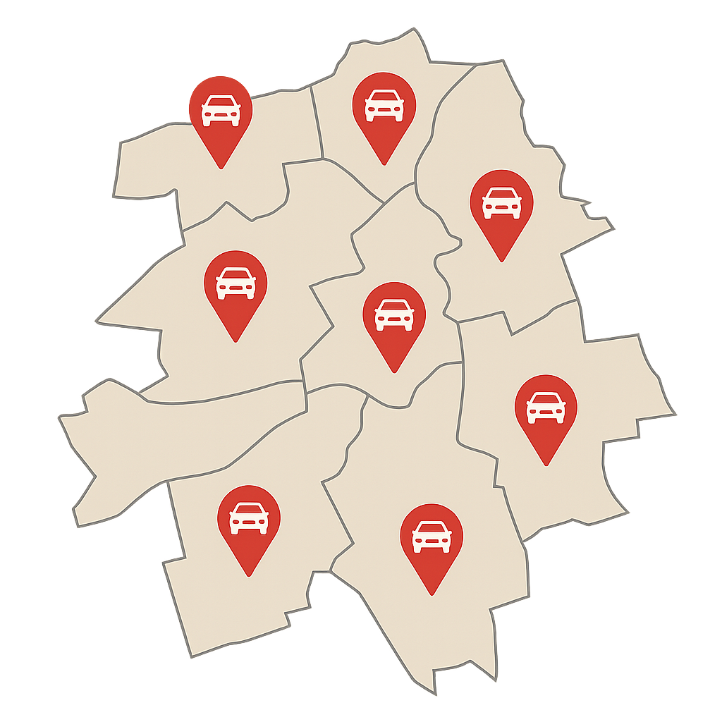 Stadtkarte von Bergkamen mit Markierungen für Auto Verkaufen entlang der Werner Straße und in allen Stadtteilen