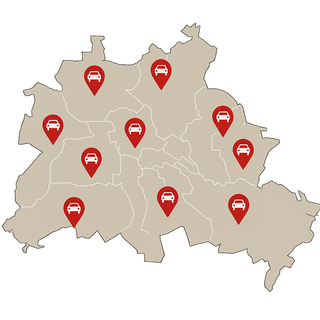 Stadtkarte von Berlin mit Markierungen für lokalen Autoankauf und flexible Möglichkeiten zum Auto Verkaufen in verschiedenen Stadtteilen