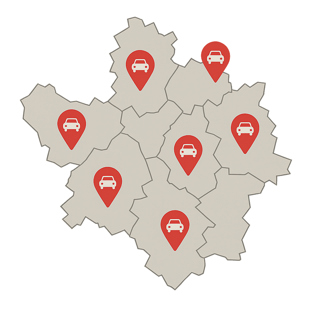 Karte von Bielefeld mit mehreren markierten Stadtteilen die den regionalen Autoankauf und das Verkaufen von Unfallwagen und defekten Fahrzeugen in Brackwede Schildesche und weiteren Vierteln zeigen