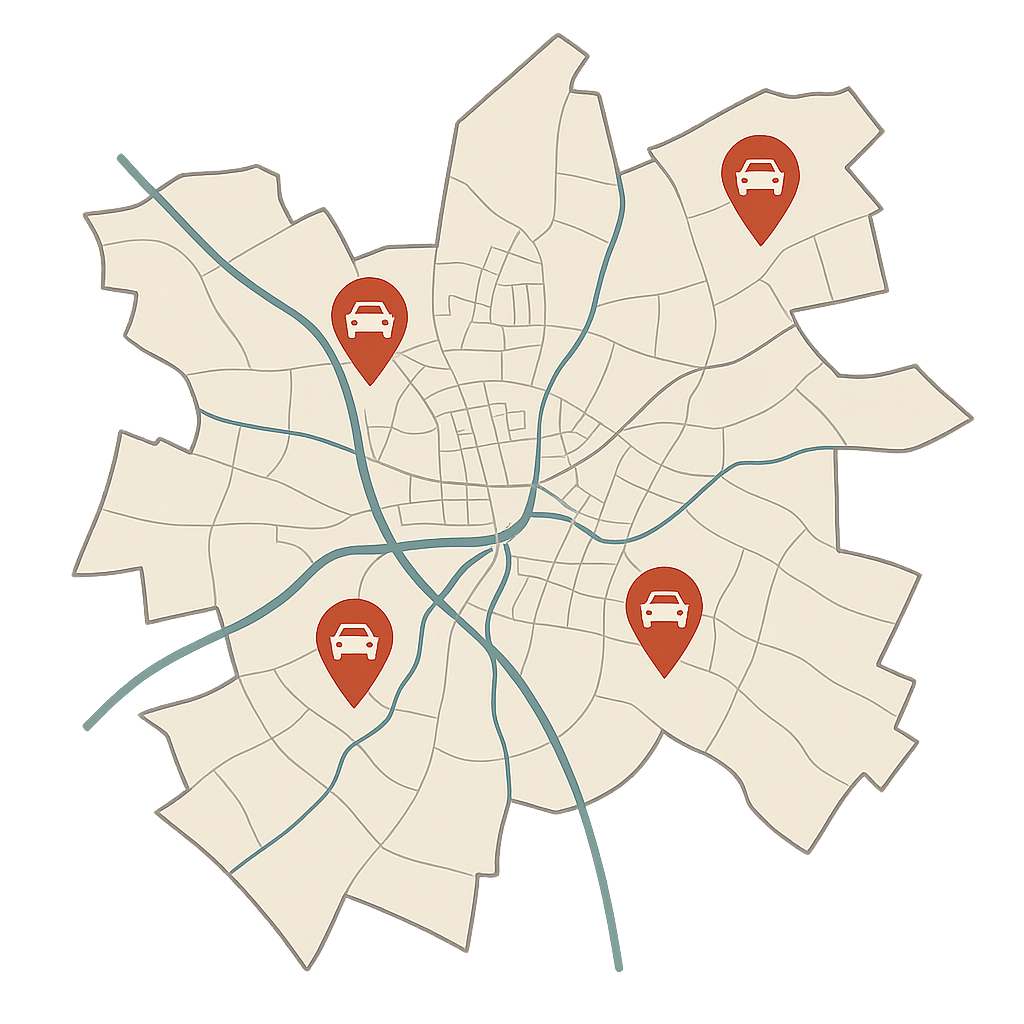 Stadtkarte von Bietigheim-Bissingen mit markierten Standorten zum Auto Verkaufen aus allen Stadtteilen