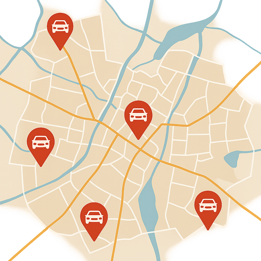 Autoankauf in Bitterfeld-Wolfen auf Stadtplan mit mehreren markierten Stadtteilen