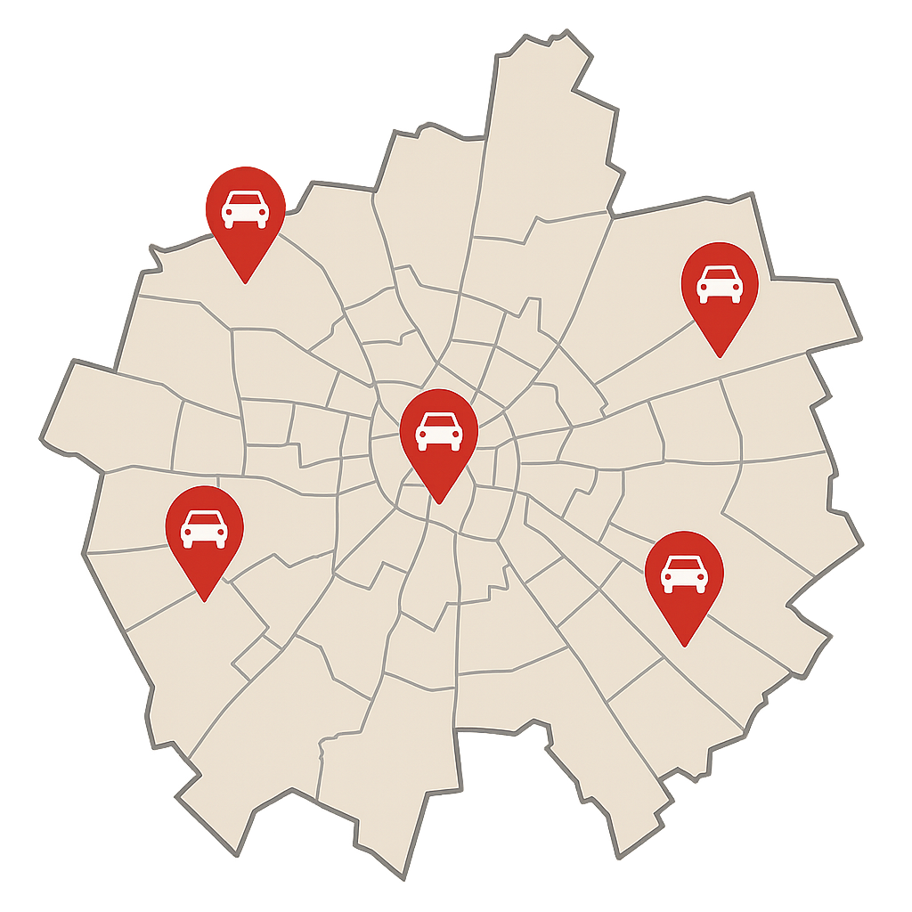 Stadtkarte von Bocholt mit Markierungen für den Fahrzeugverkauf im Bereich zwischen Nordwall und Südwall sowie im gesamten Stadtgebiet