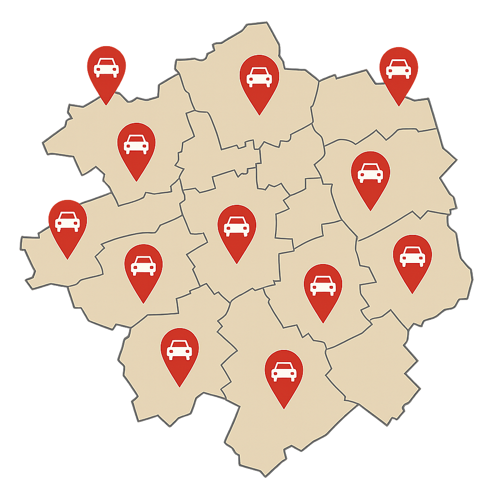 Regionale Karte zum Auto verkaufen in Bochum und umliegenden Ruhrgebietsstädten bis Dortmund