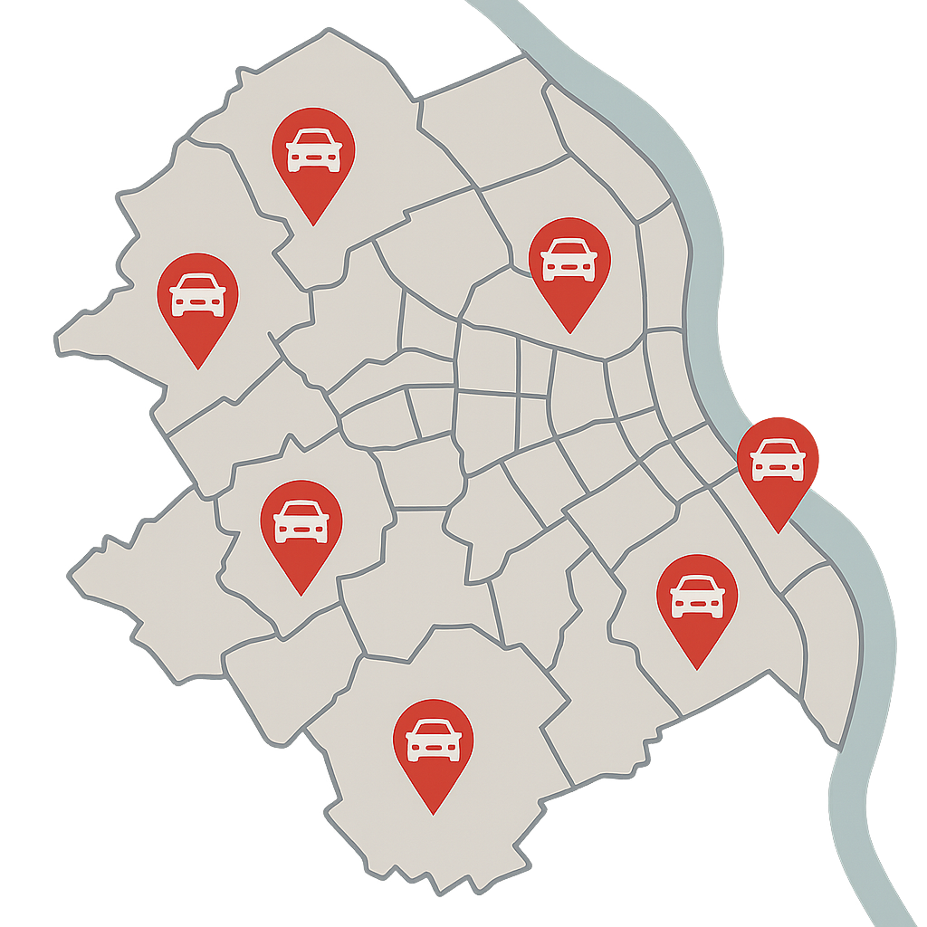 Stadtkarte von Bonn mit Markierungen für den regionalen PKW-Ankauf und örtliche Standorte zum Auto Verkaufen