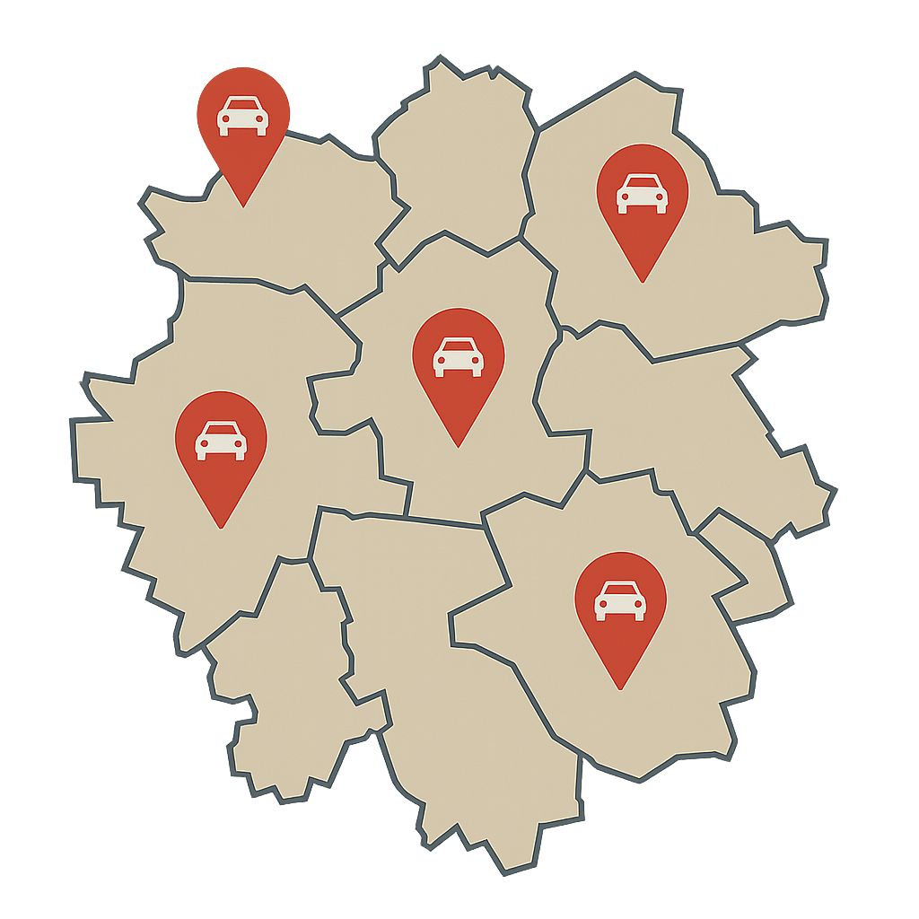 Stadtkarte von Bottrop mit Markierungen für den Autoverkauf im gesamten Stadtgebiet zwischen Bottrop-Mitte und Kirchhellen