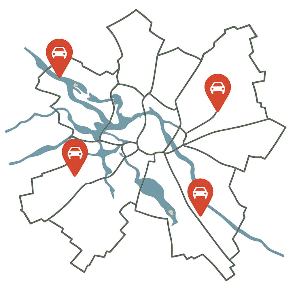 Stadtkarte von Brandenburg an der Havel mit Markierungen für den PKW-Ankauf in verschiedenen Stadtteilen von Hohenstücken bis Kirchmöser