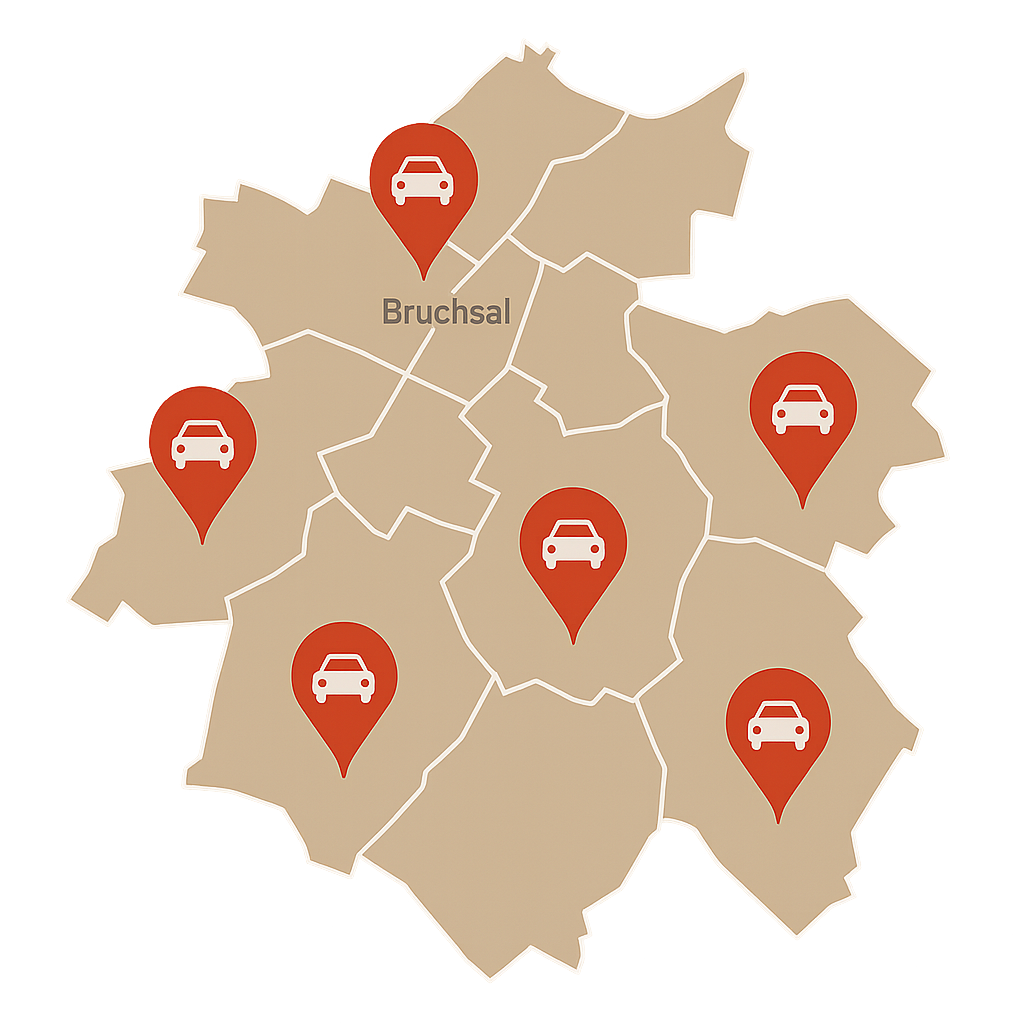 Stadtkarte von Bruchsal mit markierten Standorten zum Auto Verkaufen in Stadtteilen wie Heidelsheim und Untergrombach