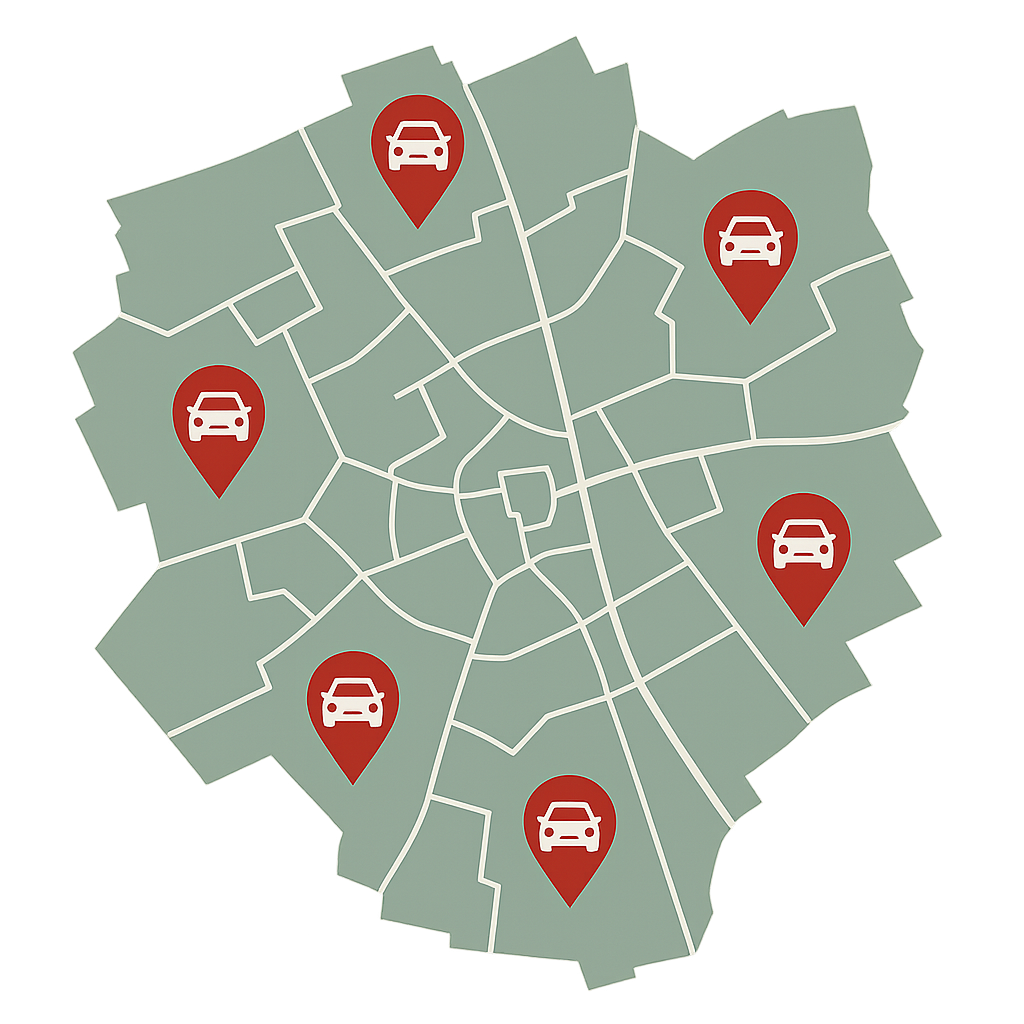 Stadtkarte von Brühl mit Markierungen für Autos in verschiedenen Vierteln rund um die Kölnstraße zum Auto Verkaufen