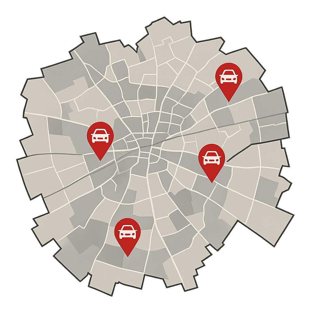 Stadtkarte von Bünde mit markierten Standorten zum Auto Verkaufen entlang wichtiger Routen wie Bahnhofstraße und Herforder Straße
