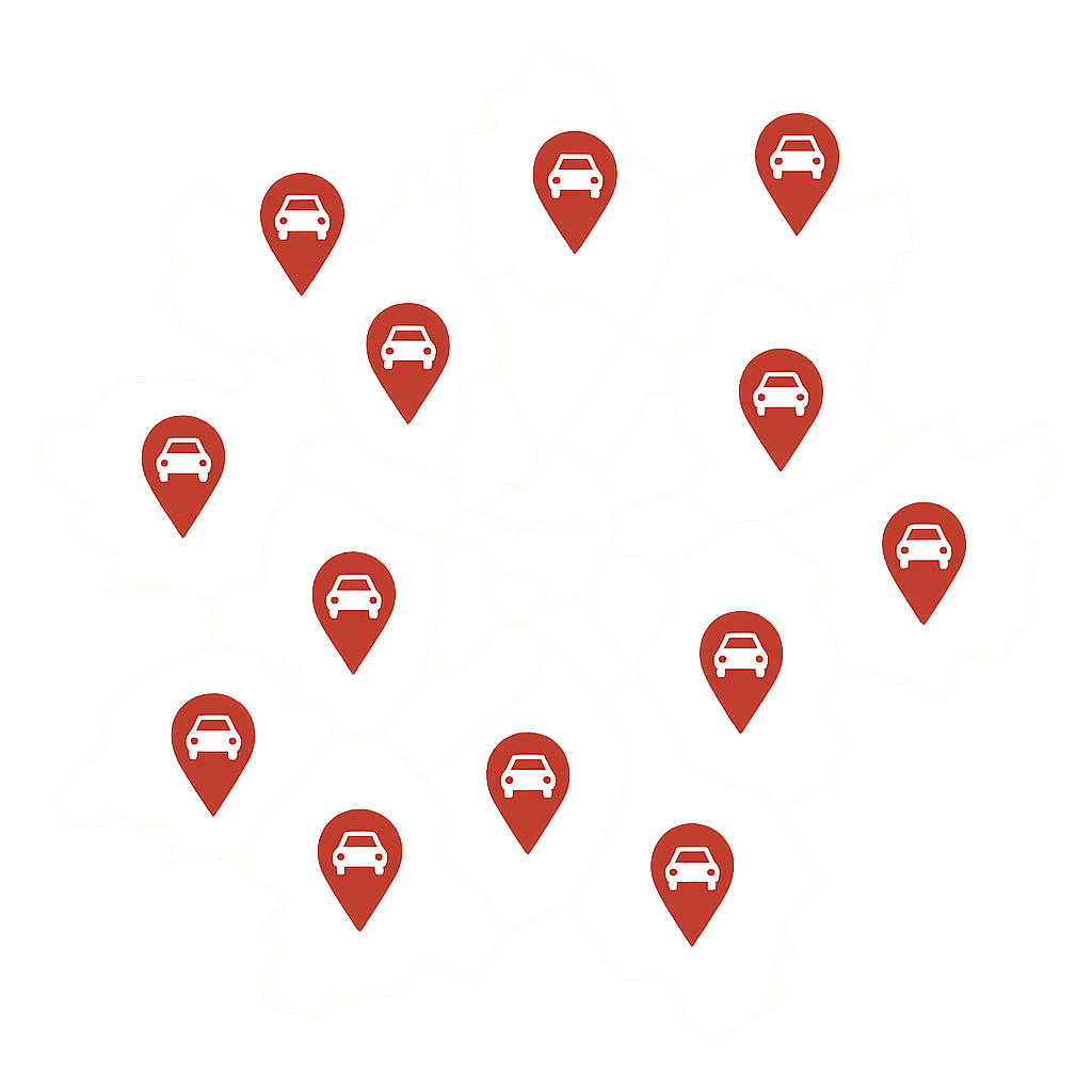 Stadtkarte von Chemnitz mit Markierungen für Autos zum Auto Verkaufen rund um Annaberger Straße und Zwickauer Straße
