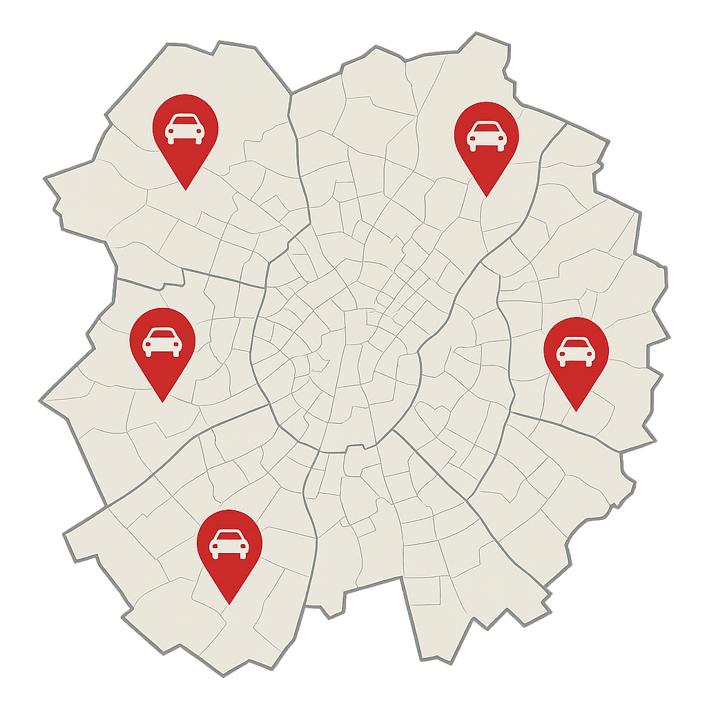 Stadtkarte von Coburg mit Markierungen für PKW-Ankauf in verschiedenen Straßenbereichen wie Rosenauer Straße und Ketschendorfer Straße