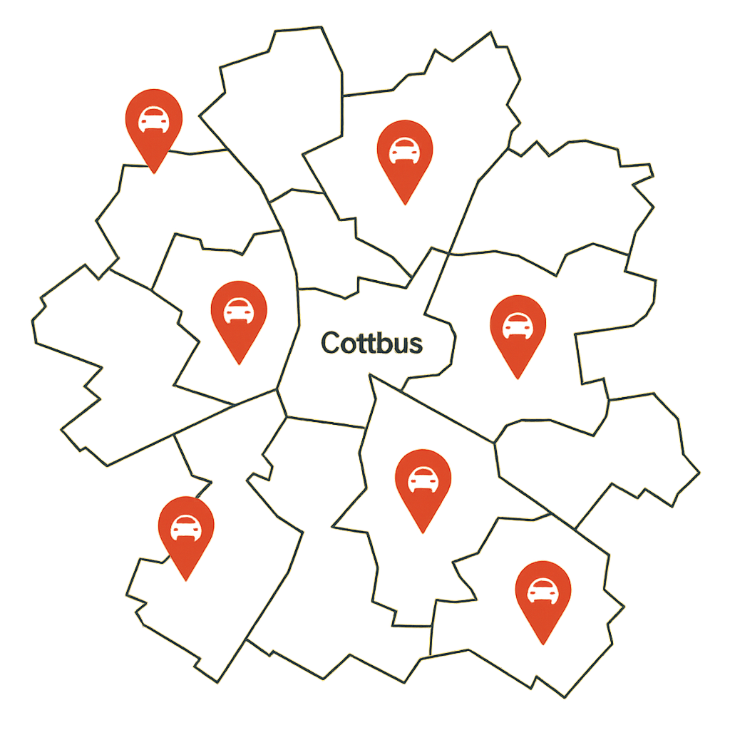 Stadtkarte von Cottbus mit markierten Zonen für Auto Verkaufen in Stadtteilen wie Sandow Ströbitz und Spremberger Vorstadt