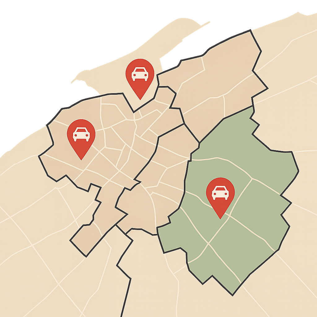 Stadtkarte von Cuxhaven mit markierten Bereichen von Döse bis Sahlenburg zum Auto Verkaufen im gesamten Stadtgebiet