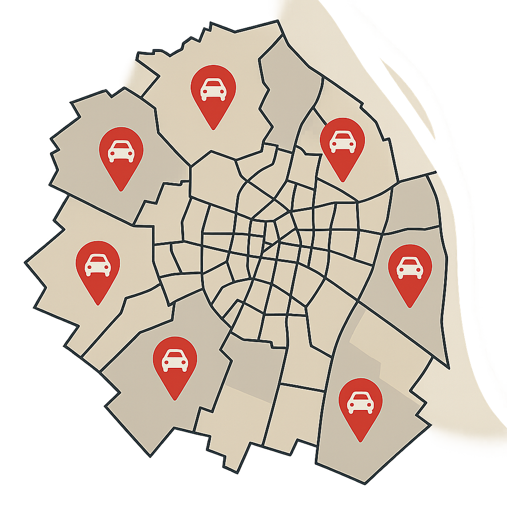 Stadtkarte von Deggendorf mit Markierungen für Auto Verkaufen in verschiedenen Stadtteilen wie Fischerdorf Mietraching Seebach Rettenbach und Natternberg