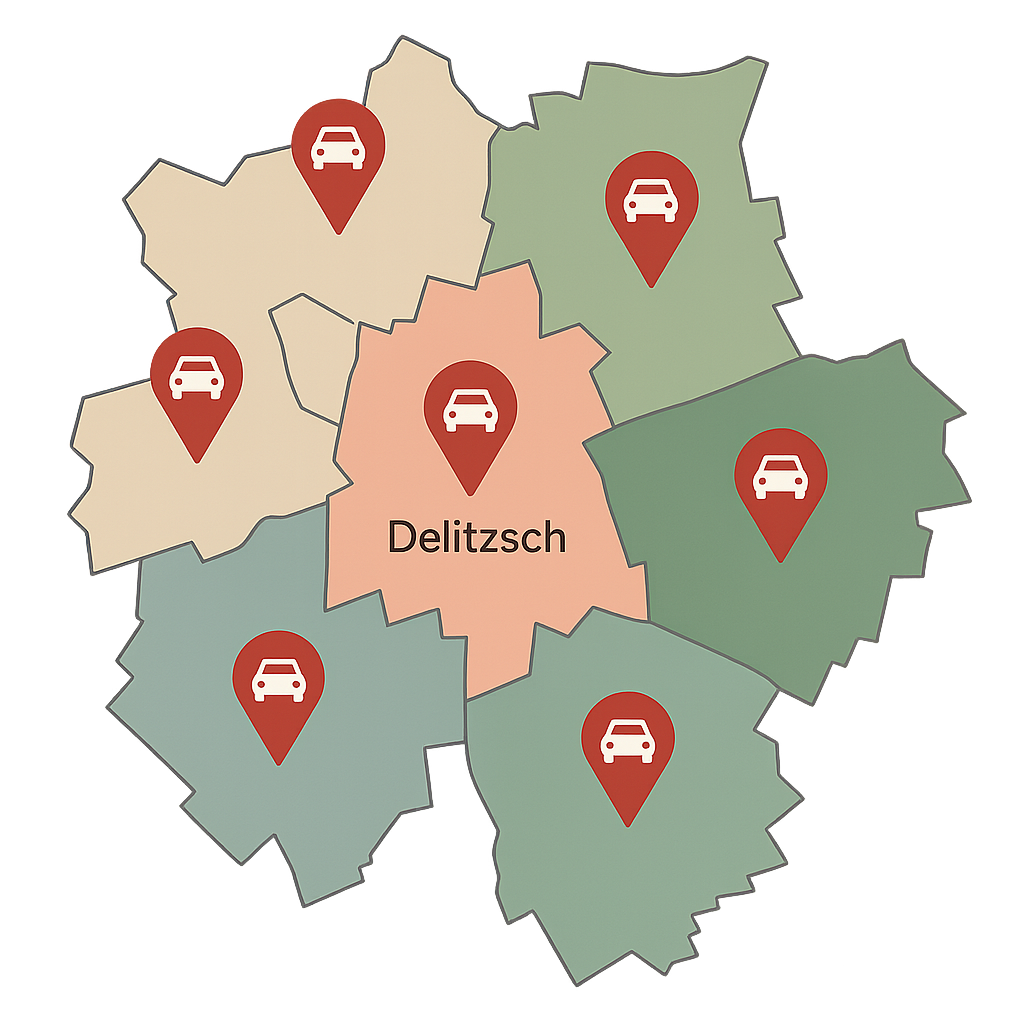 Regionale Stadtkarte von Delitzsch mit Markierungen für defekte Autos zum Auto Verkaufen und unkomplizierter Abwicklung