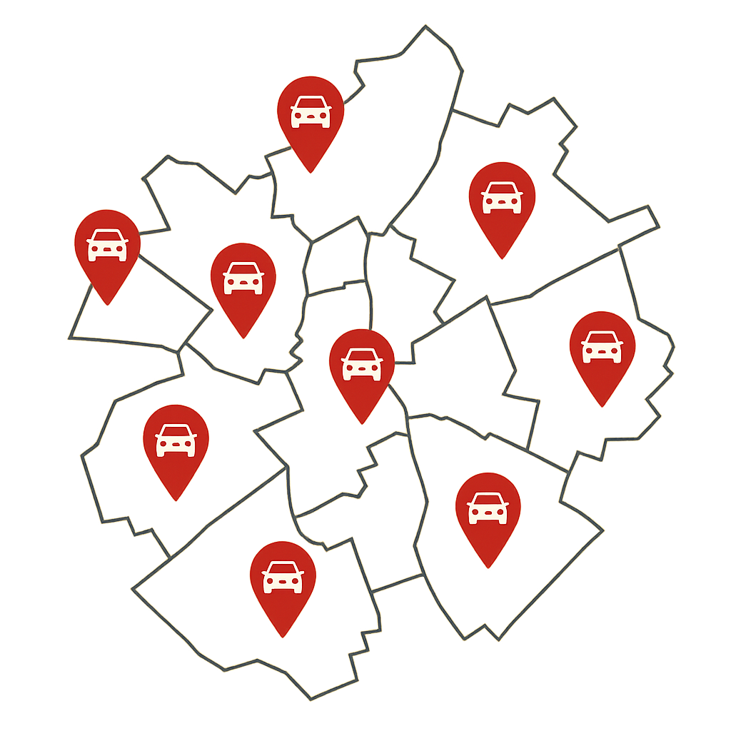 Stadtkarte von Delmenhorst mit Markierungen für Auto Verkaufen in allen Stadtteilen von Deichhorst über Hasport bis Stickgras und Brendel Adelheide