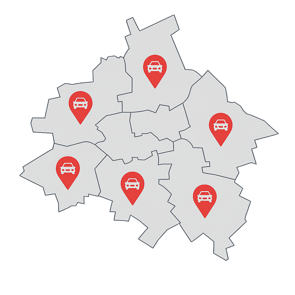 Stadtkarte von Dessau-Roßlau mit Markierungen für Auto Verkaufen und regional unterschiedliche Fahrzeugtypen