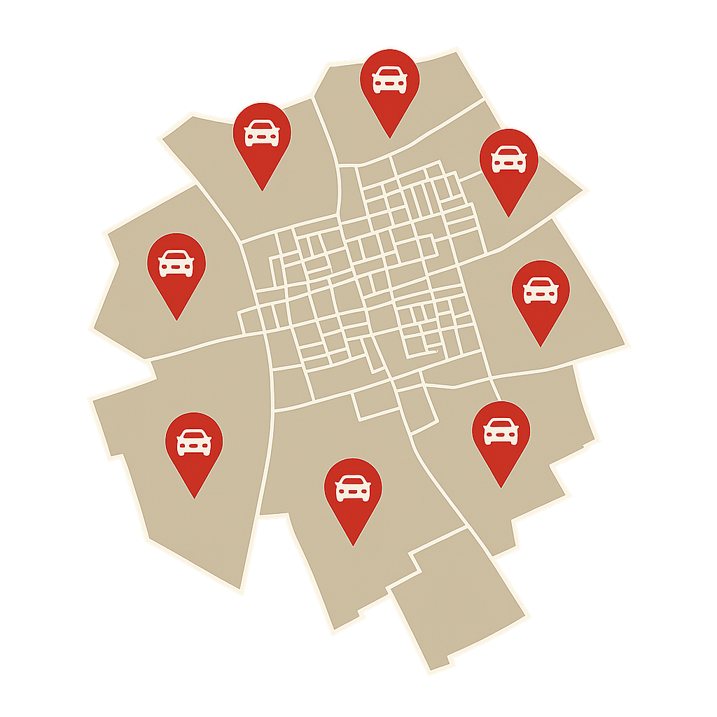 Stadtkarte von Dietzenbach mit Markierungen für Standorte zum Auto Verkaufen in der Region