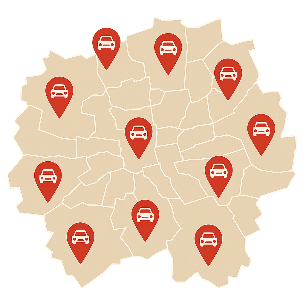 Stadtkarte von Dortmund mit Markierungen für den Fahrzeugverkauf rund um die Kampstraße und alle Stadtteile