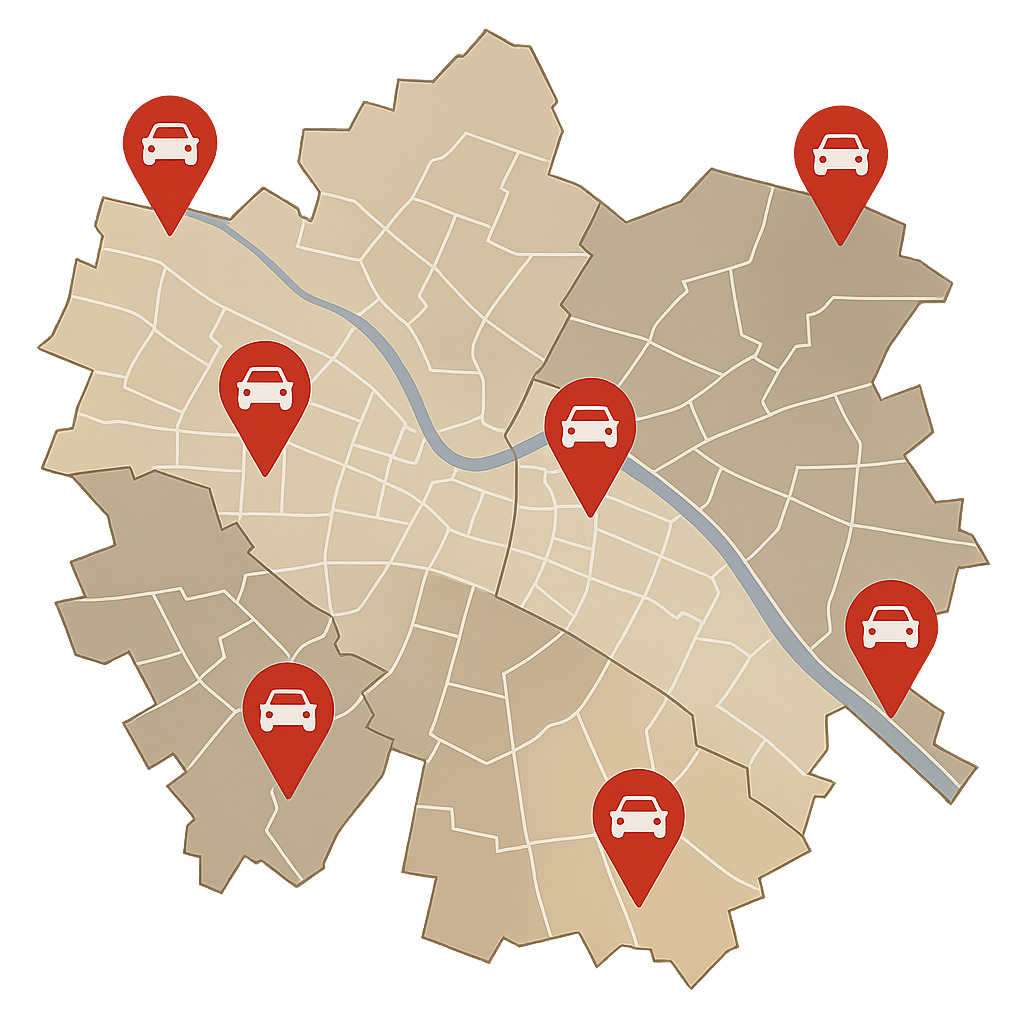 Digitale Stadtkarte von Dresden mit Markierungen für Auto Verkaufen entlang zentraler Straßen wie Prager Straße und Königsbrücker Straße