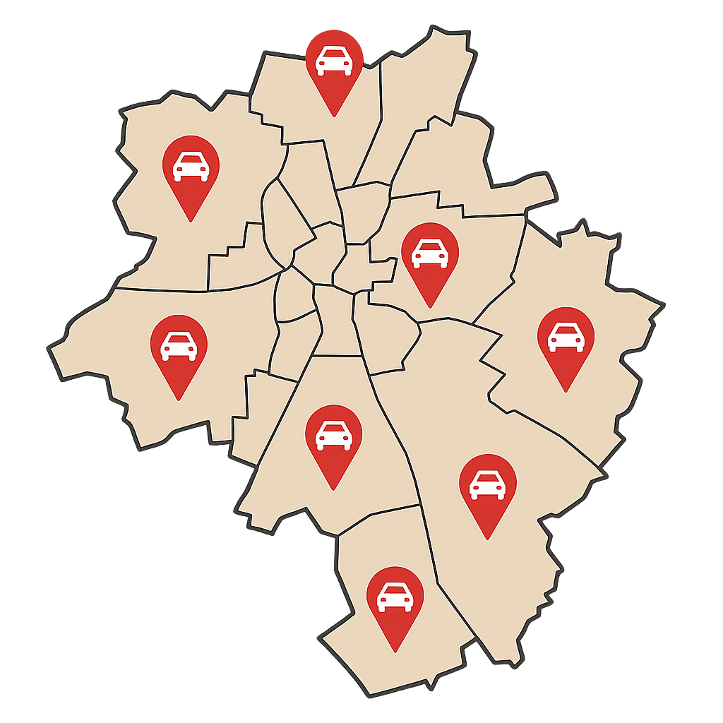 Stadtkarte von Dülmen mit Markierungen für den Fahrzeugverkauf über digitale Anfrage