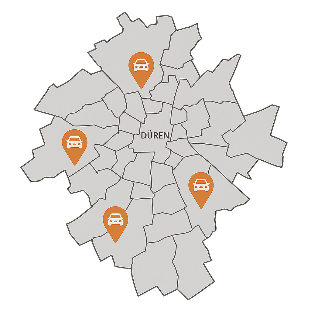 Stadtkarte von Düren mit Markierungen für den PKW-Verkauf in Vierteln wie Birkesdorf Mariaweiler und Gürzenich