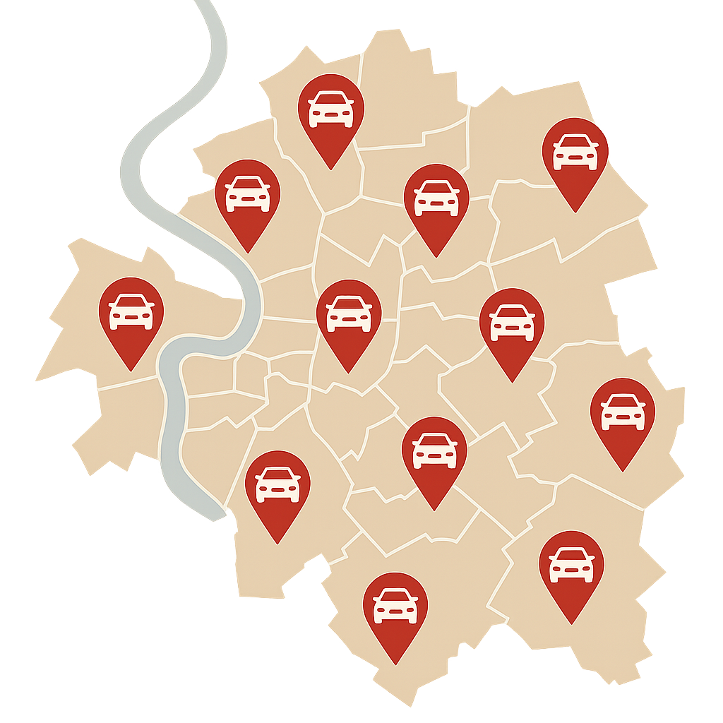 Regionale Karte von Düsseldorf mit Markierungen für defekte Autos aus Neuss Ratingen und Meerbusch zum Auto Verkaufen