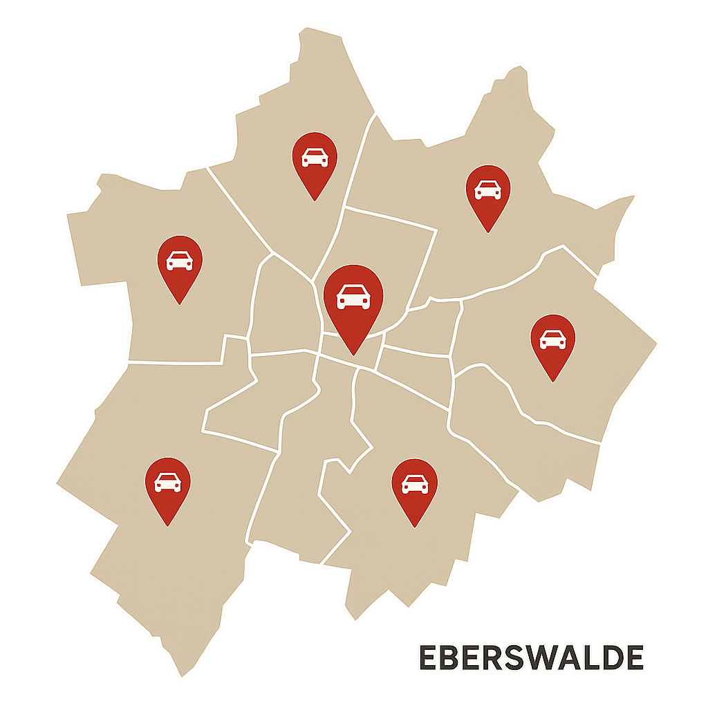 Stadtkarte von Eberswalde mit Markierungen für Standorte zum Auto Verkaufen an einen regionalen Partner
