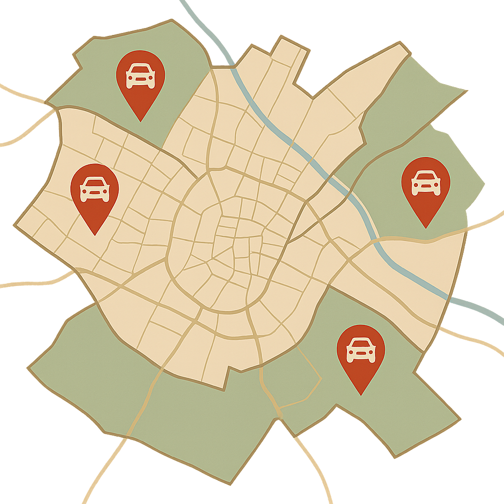 Stadtkarte von Eisenach mit Markierungen für PKW-Ankauf in verschiedenen Stadtteilen und umliegenden Orten im Wartburgkreis