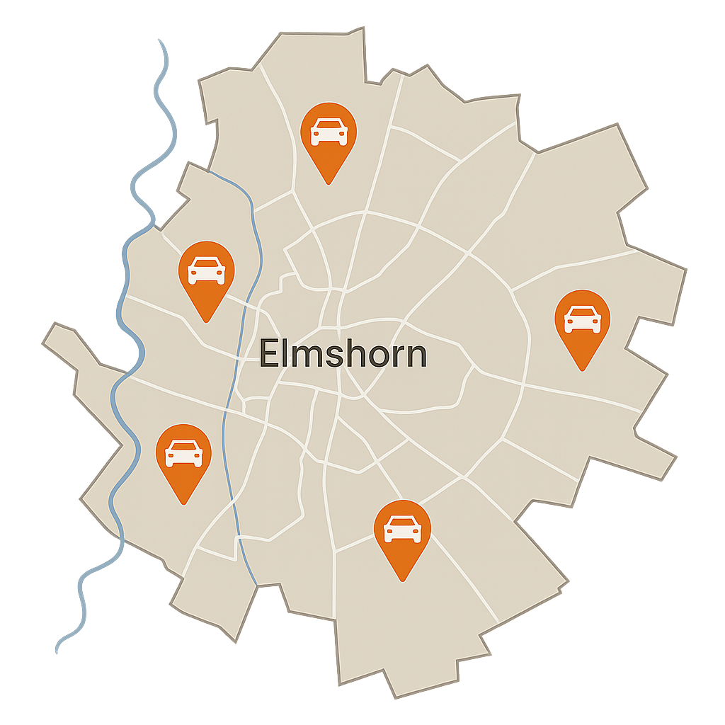 Stadtkarte Elmshorn mit Markierungen für Auto Verkaufen und PKW-Ankauf im Umland mit Barmstedt Uetersen und Pinneberg