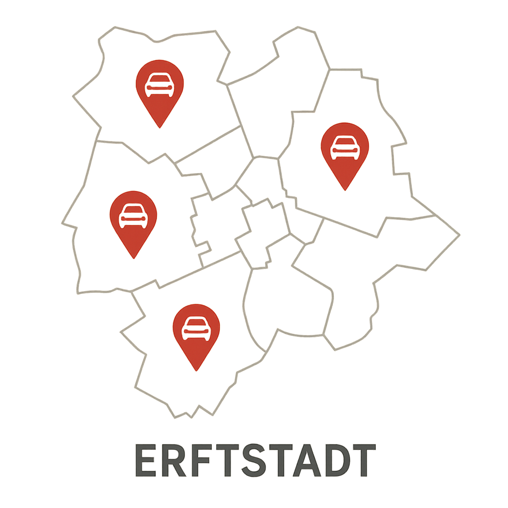 Stadtkarte von Erftstadt mit Markierungen für den regionalen PKW-Ankauf defekter Autos zwischen Köln und Euskirchen