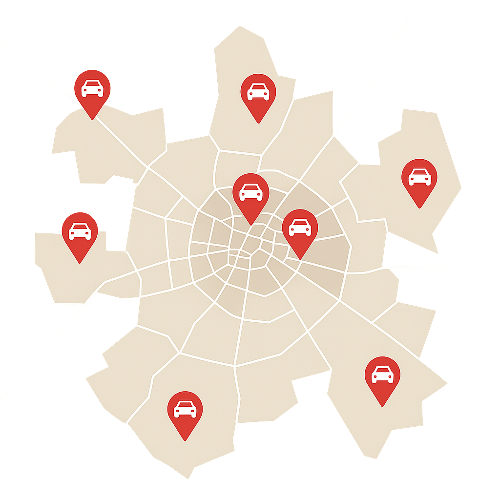 Stadtkarte von Erkelenz mit Markierungen für PKW-Ankauf von Unfallwagen und Defektfahrzeugen in verschiedenen Stadtteilen