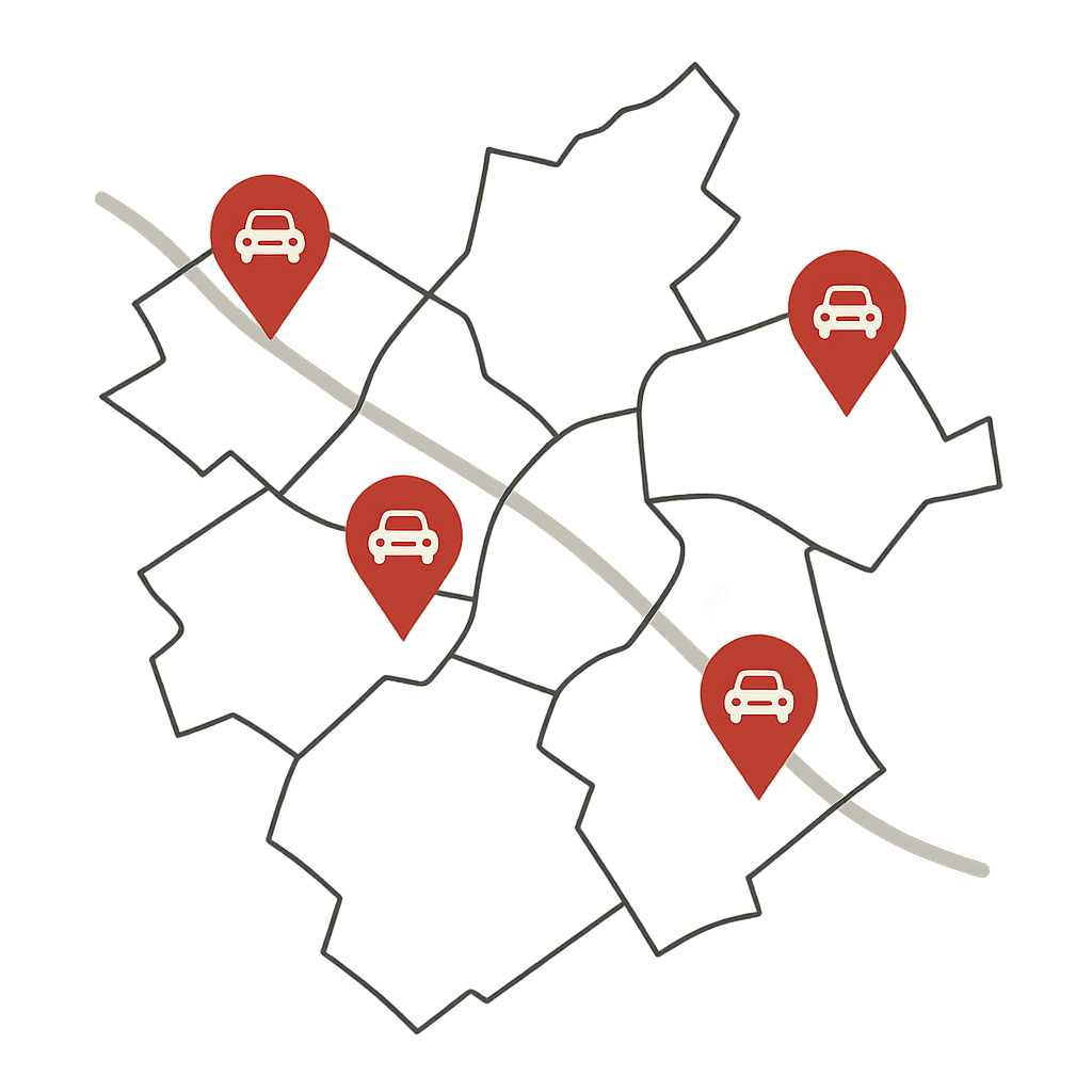 Stadtkarte von Erkrath mit Markierungen für regionalen PKW-Ankauf und Gebrauchtwagenmarkt