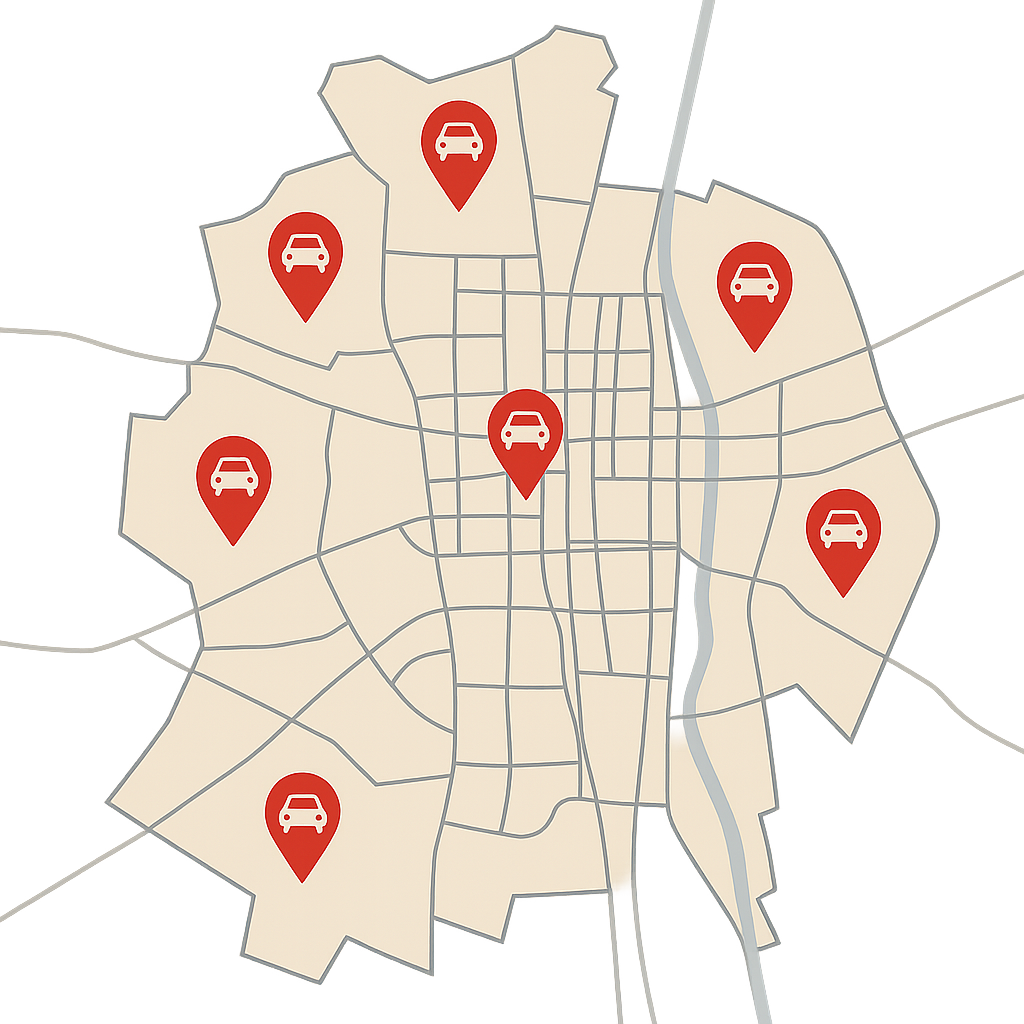 Stadtkarte von Erlangen mit Markierungen für den regionalen Auto Verkaufen Service