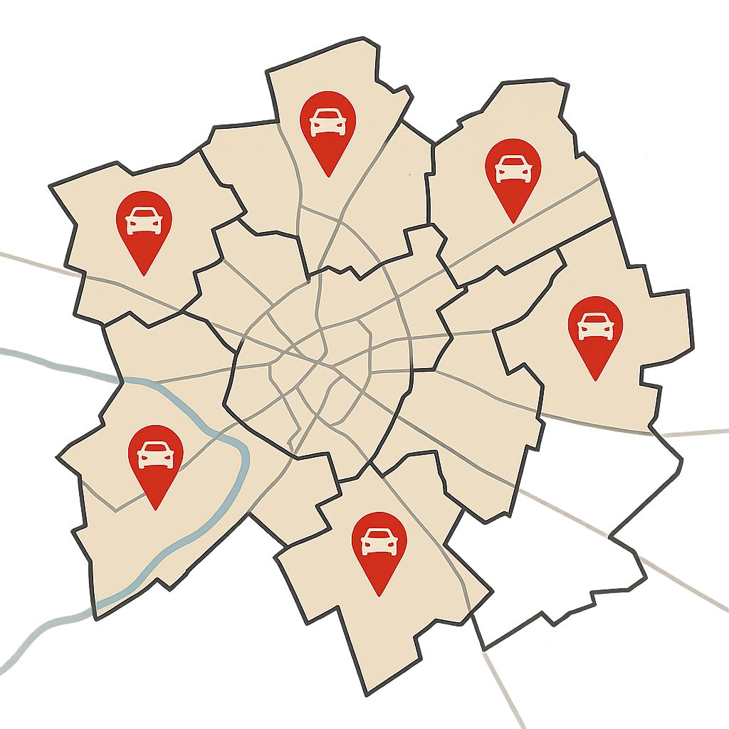 Stadtkarte von Eschweiler mit markierten Standorten zum Auto Verkaufen und regionaler Ansprechpartnernähe
