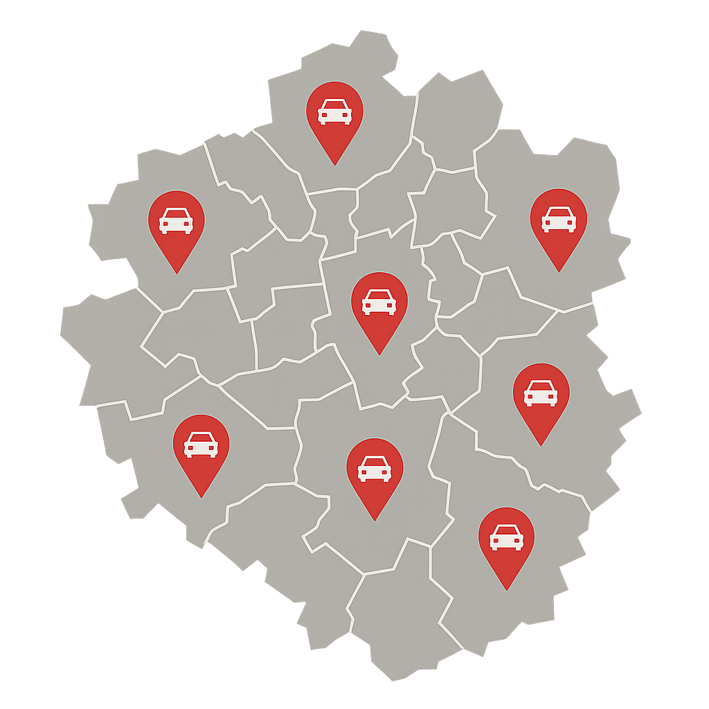 Stadtkarte von Essen mit Markierungen für den Autoankauf zwischen Essen-Zentrum und Essen-Steele für Gebrauchtwagen und Pendlerfahrzeuge