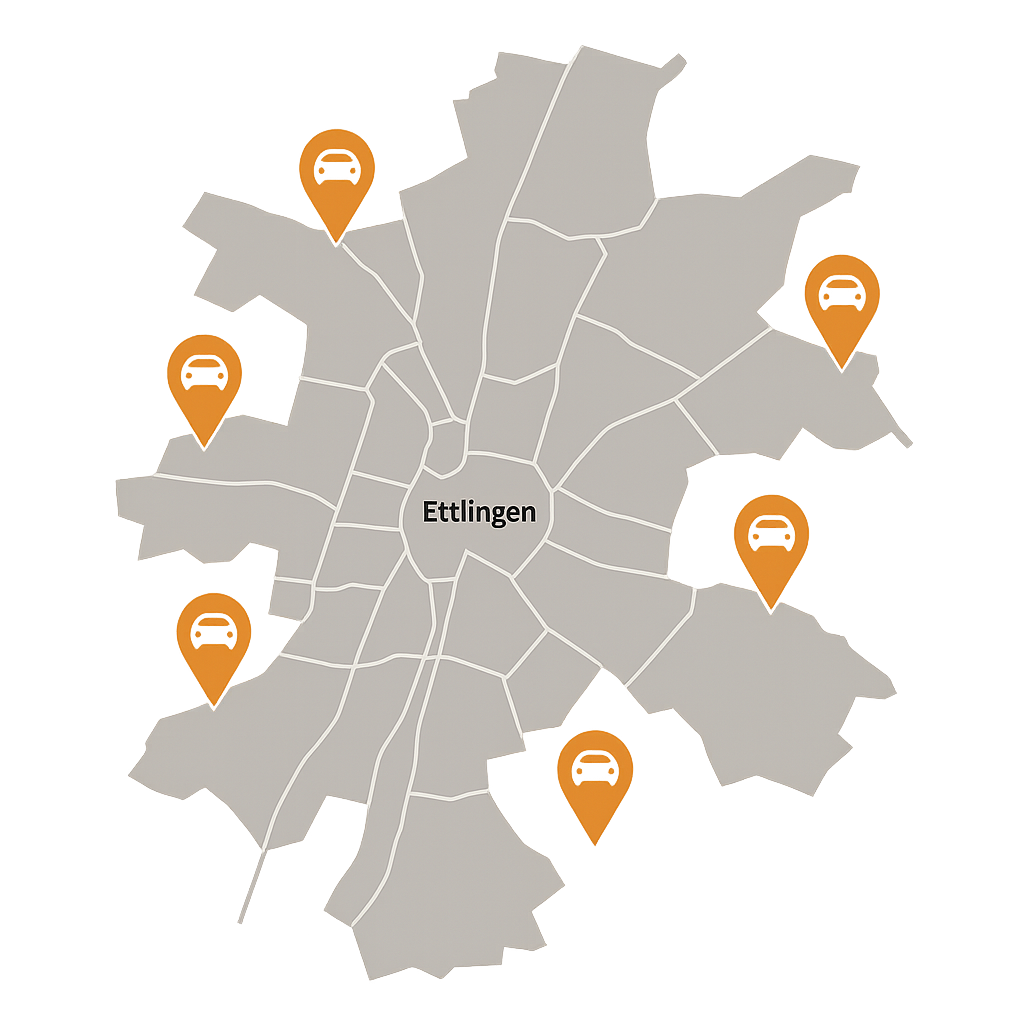 Stadtkarte von Ettlingen mit markierten Standorten für regionalen Auto Verkaufen Service