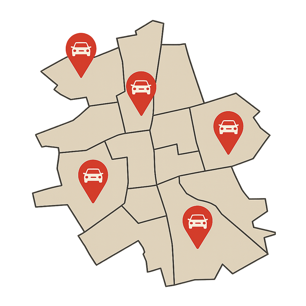 Stadtkarte von Fellbach mit markierten Stadtteilen für Auto Verkaufen in Fellbach Zentrum Schmiden und Oeffingen